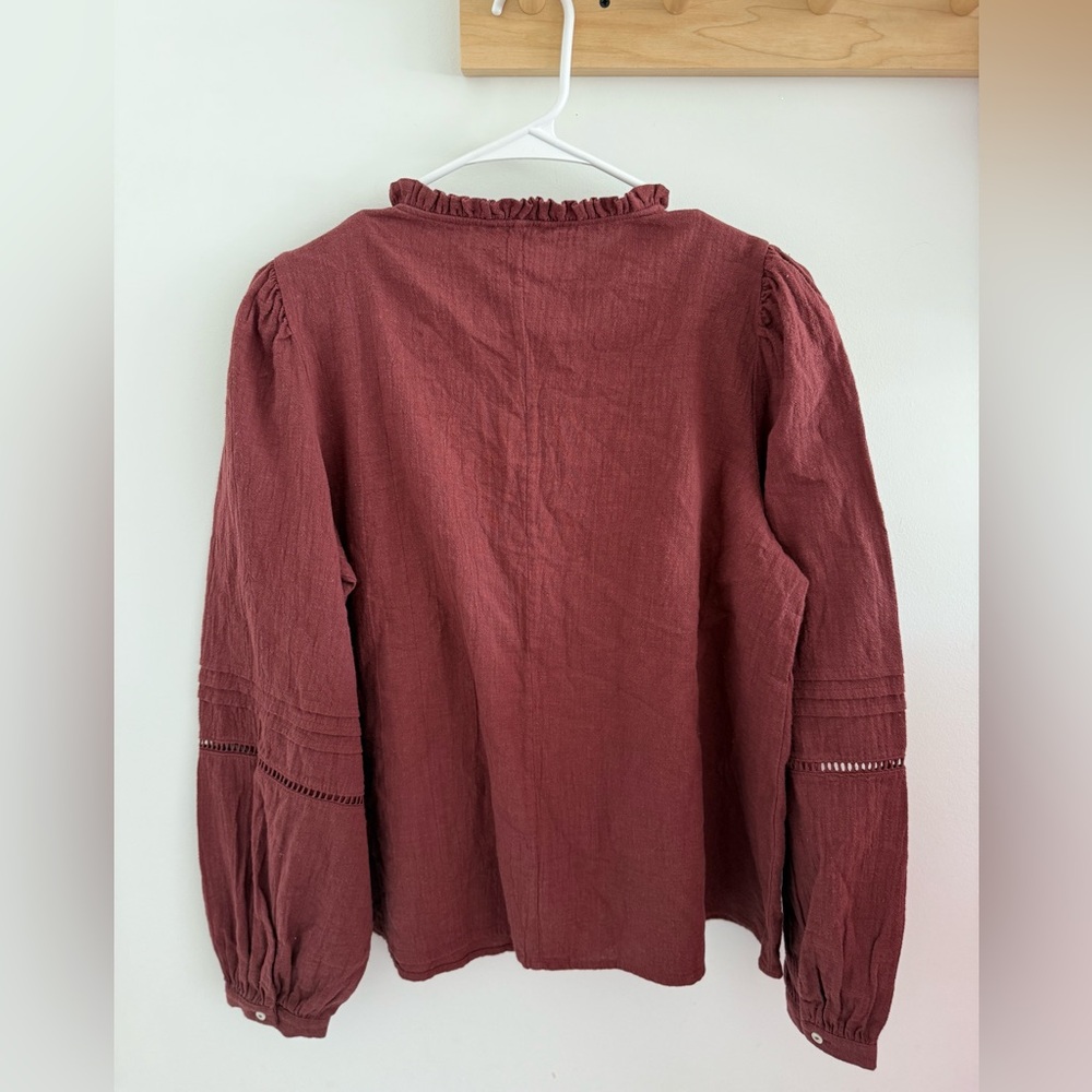 NWT Zara embroidered bib blouse in burgundy cotton - Picture 5 of 6